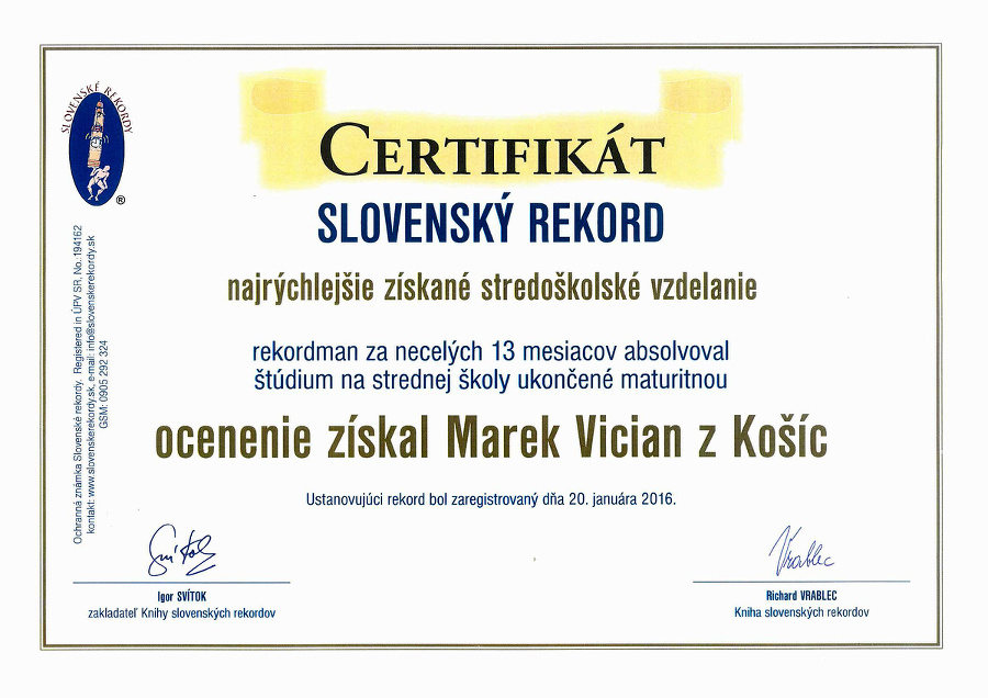 Certifikát z Knihy slovenských