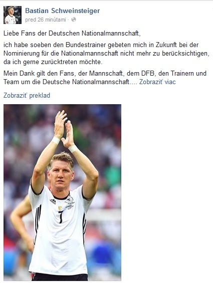 Bastian Schweinsteiger oznámil vážne