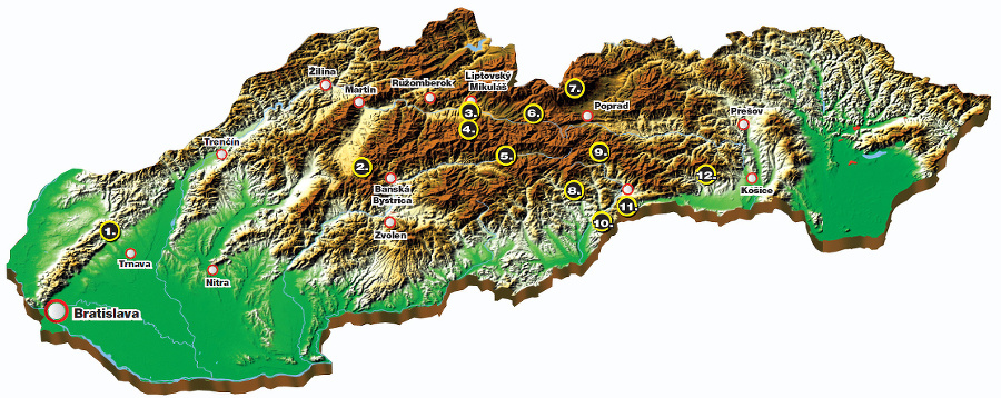 Mapa slovenských jaskýň.