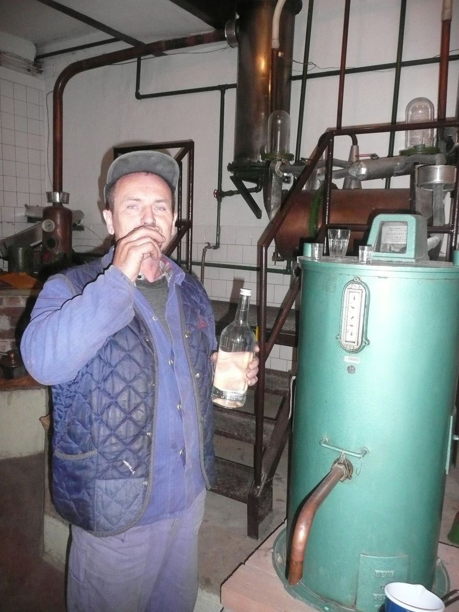 Attila Pogány ochutnáva slivovicu, či má správnu chuť, čírosť i arómu.