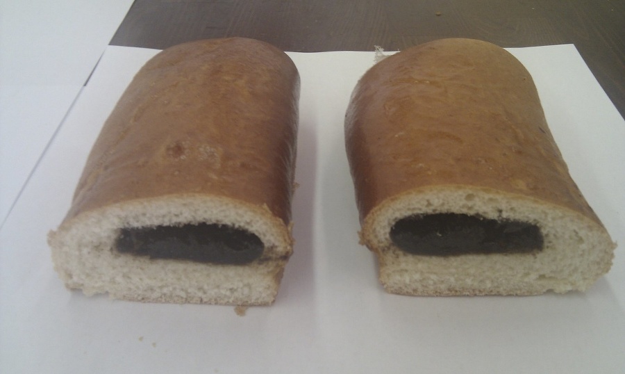Kontrolná vzorka duetiek č. 2. celková hmotnosť výrobku =121g, hmotnosť náplne=36g, čo predstavuje 29%