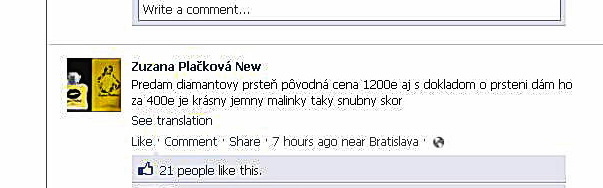 Plačková zverejnila inzerát o predaji jej zásnubného prsteňa na facebooku.