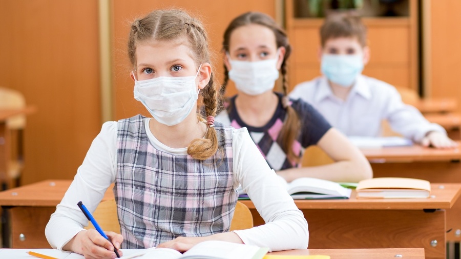 schoolkids with protection mask