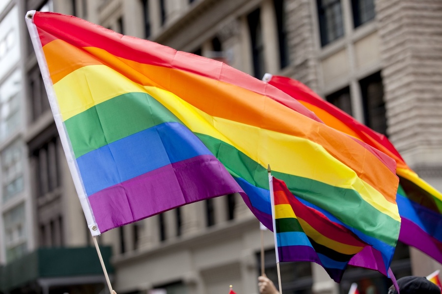 The New York City Pride Parade celebrating all lifestyle choices. Flags at the parade. The parade route was lined with tens-of thousands of spectators supporting the event.