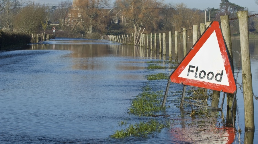 A flood warning sign,
