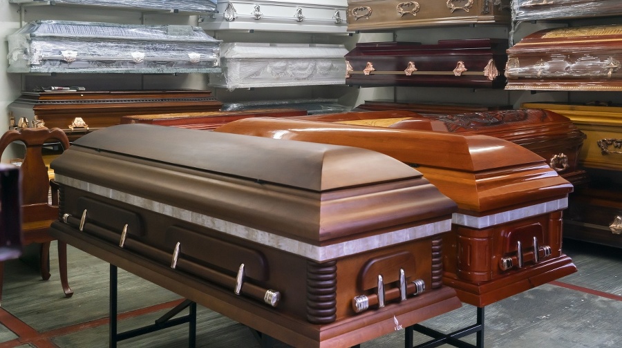 Assortment of coffins displayed