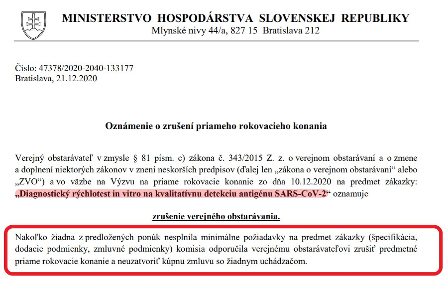 Ministerstvo hospodárstva zrušilo tender