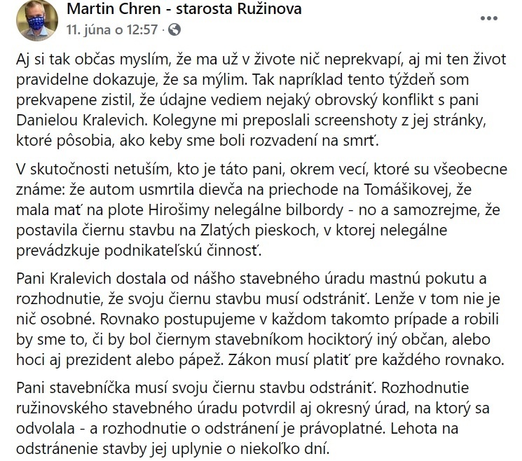 Takto reagoval starosta Ružinova