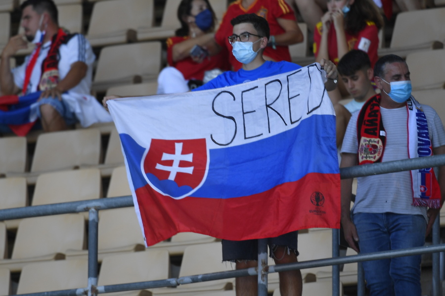 Na snímke slovenskí  fanúšik drží národnú vlajku pred začiatkom zápasu základnej E-skupiny Slovensko - Španielsko.