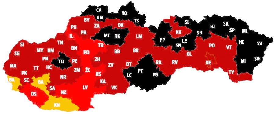 Mapa okresov podľa COVID automatu. 