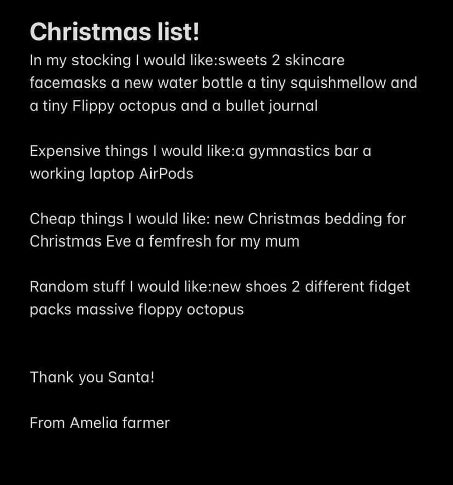 Vianočný zoznam Amelie obsahoval
