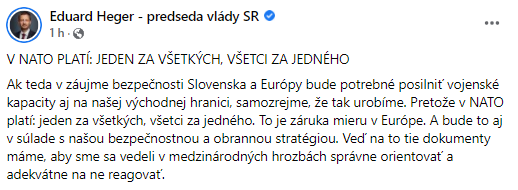 Premiér Eduard Heger: Ak to bude potrebné, posilníme kapacity NATO na východnej hranici.