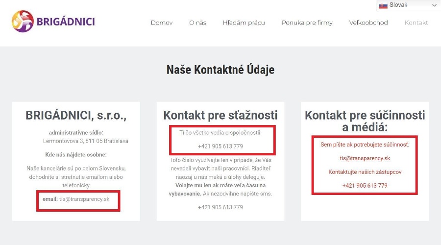 Transparency zverejnilo fotku, kde namiesto kontaktov na brigádnickú firmu figurujú kontakty na protikorupčnú organizáciu.
