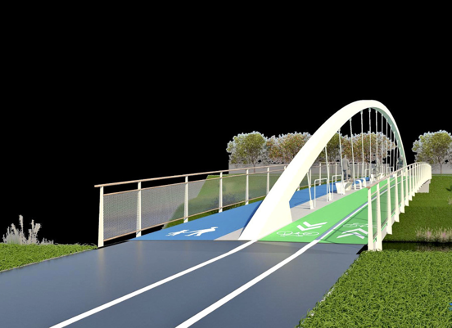 Na vizualizácii je znázornené, že most spájajúci Prešovskú univerzitu so zimným štadiónom bude viesť cyklochodník.