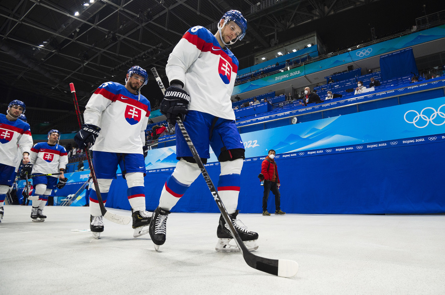 Na snímke slovenskí hokejisti