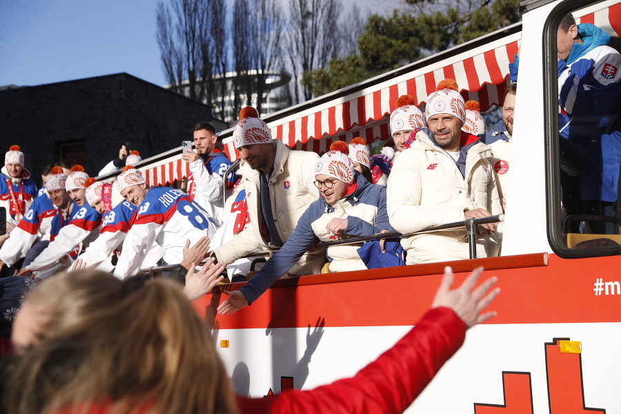 Slovenskí hokejisti oslavujú zisk