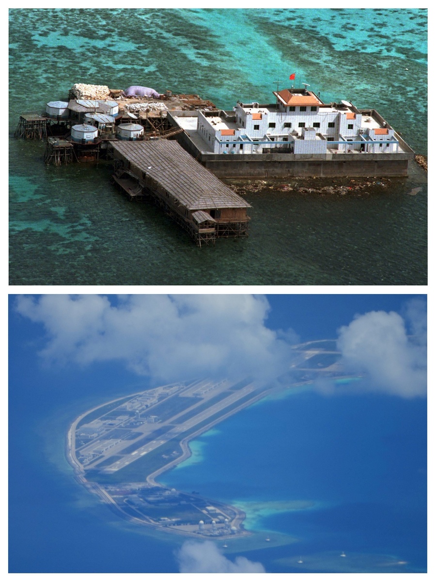 Na kombosnímke hore čínske stavby 8. februára 1999 a dole 20. marca 2022 na atole Mischief (Mej-ťi Ťiao) v Juhočínskom mori.