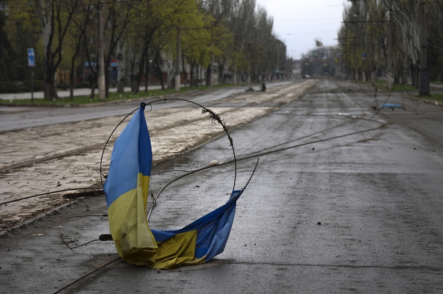 Ukrajinská vlajka v Mariupole.