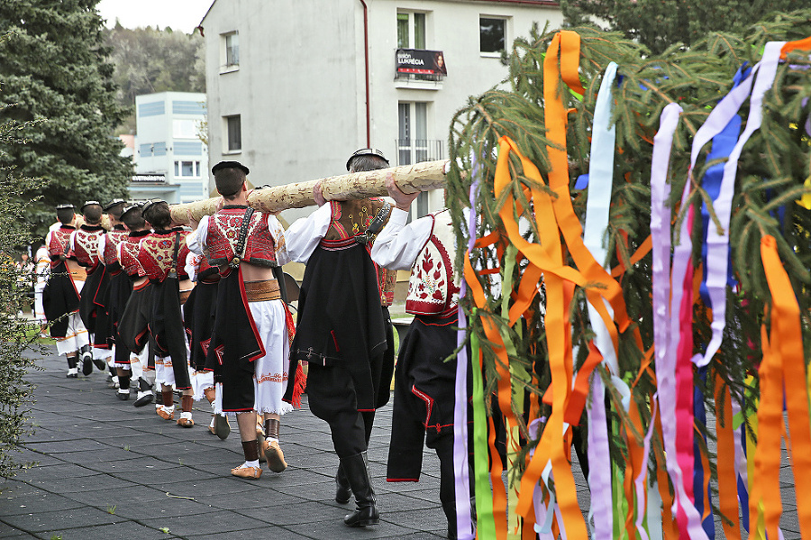 Chlapi v ľudových krojoch odniesli tradičný máj na námestie v Detve.