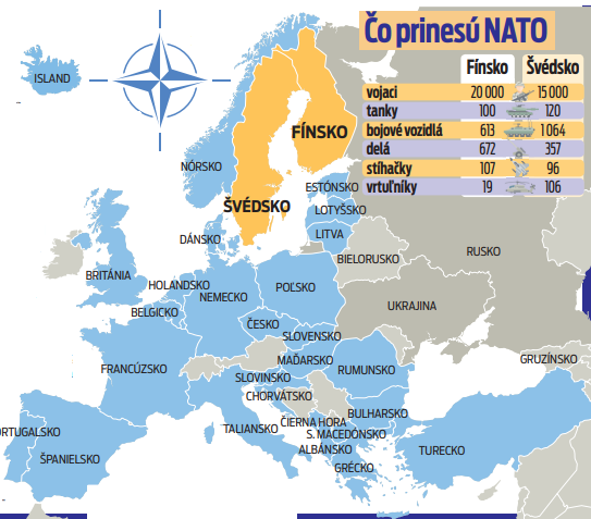 Modrá farba názorňuje európske členské krajiny NATO. Za oceánom sú členmi ešte USA a Kanada