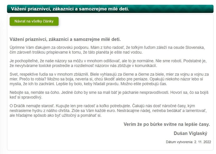 Na webovej stránke Dráčika sa objavilo vyjadrenie majiteľa reťazca hračkárstiev - Dušana Víglaského.