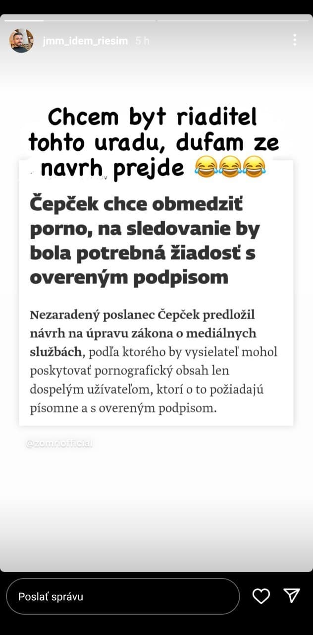 Iný profil s fotkou Mužíka sa pomerne ironicky vyjadruje k návrhu poslanca Čepčeka.