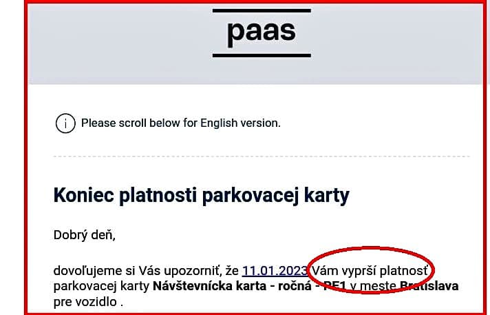 Upozornenie na koniec platnosti parkovacej karty.