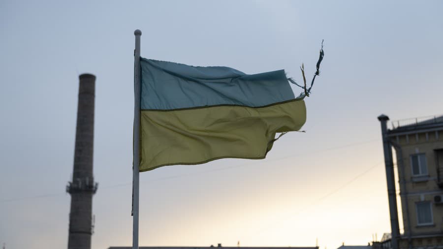 A weathered Ukrainian flag