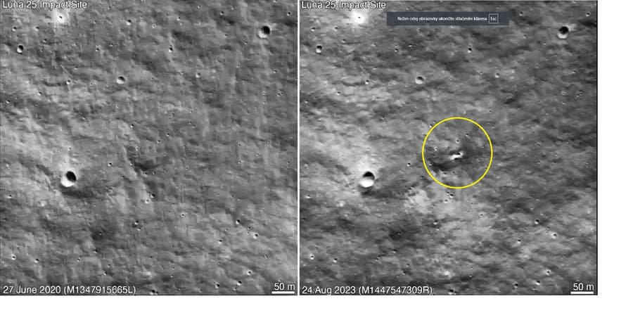 Vľavo: 27.júna 2023, vpravo: 24. augusta 2023. Po náraze ostal na povrchuMesiaca takýto kráter.