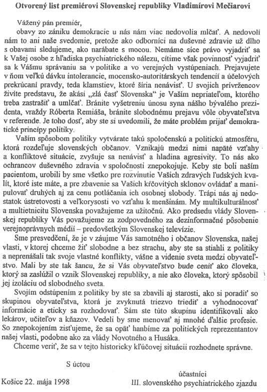 Otvorený list Mečiarovi z roku 1998.