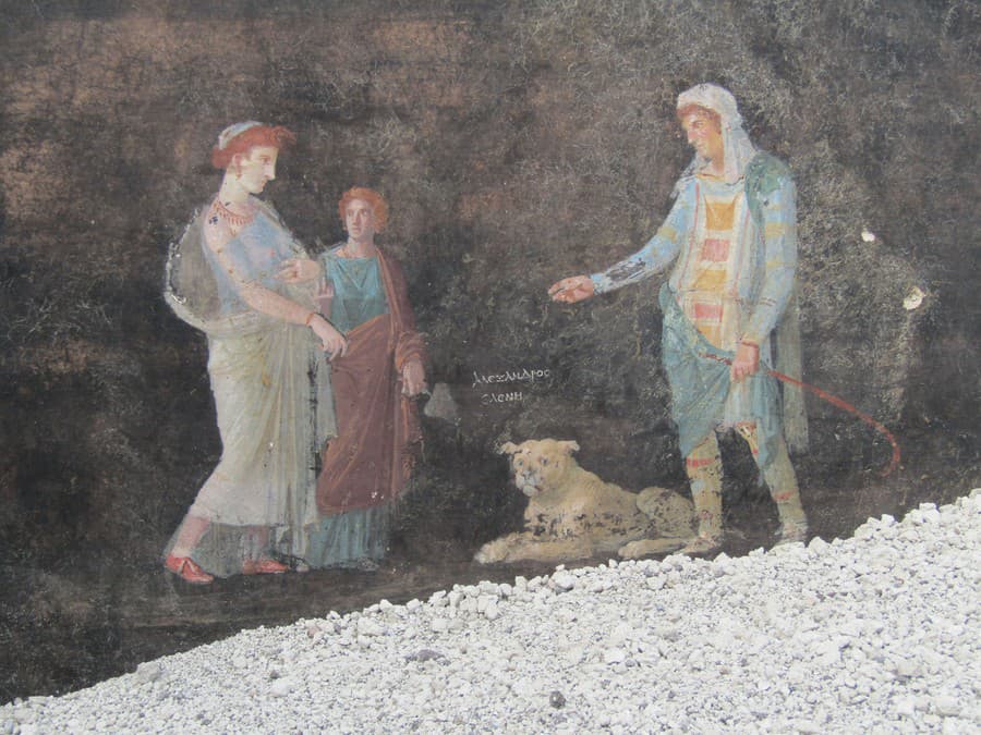 Na freske je zobrazená Helena Trójska (vľavo) na stretnutí s princom Parisom. 