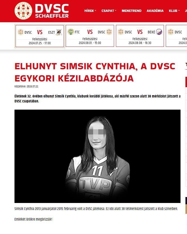 O úmrtí mladej ženy informoval aj debrecínsky klub DVSC.