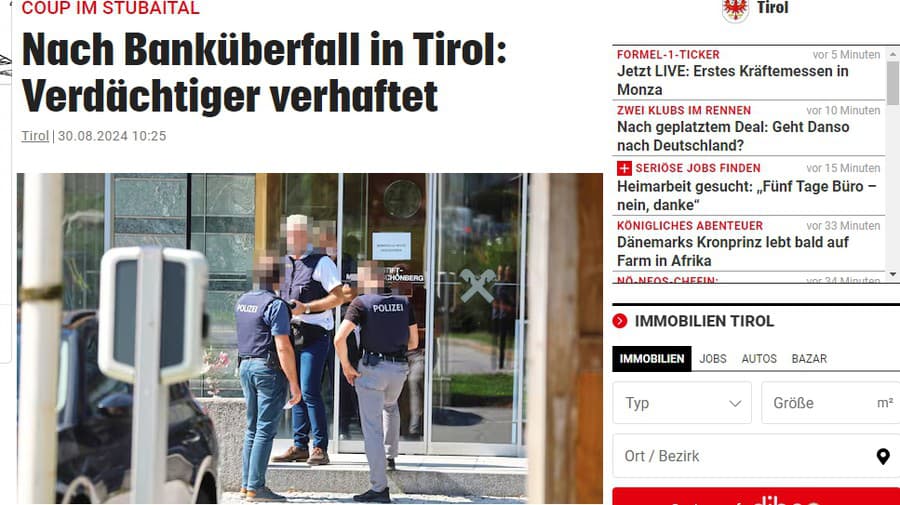 O prepadnutí banky v Tirolsku informoval aj Kronen Zeitung.