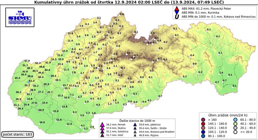 Na Záhorí a v okolí Malých Karpát napršalo už 40 až 60 mm, v ostatných regiónoch na západe 5 až 20 mm zrážok.