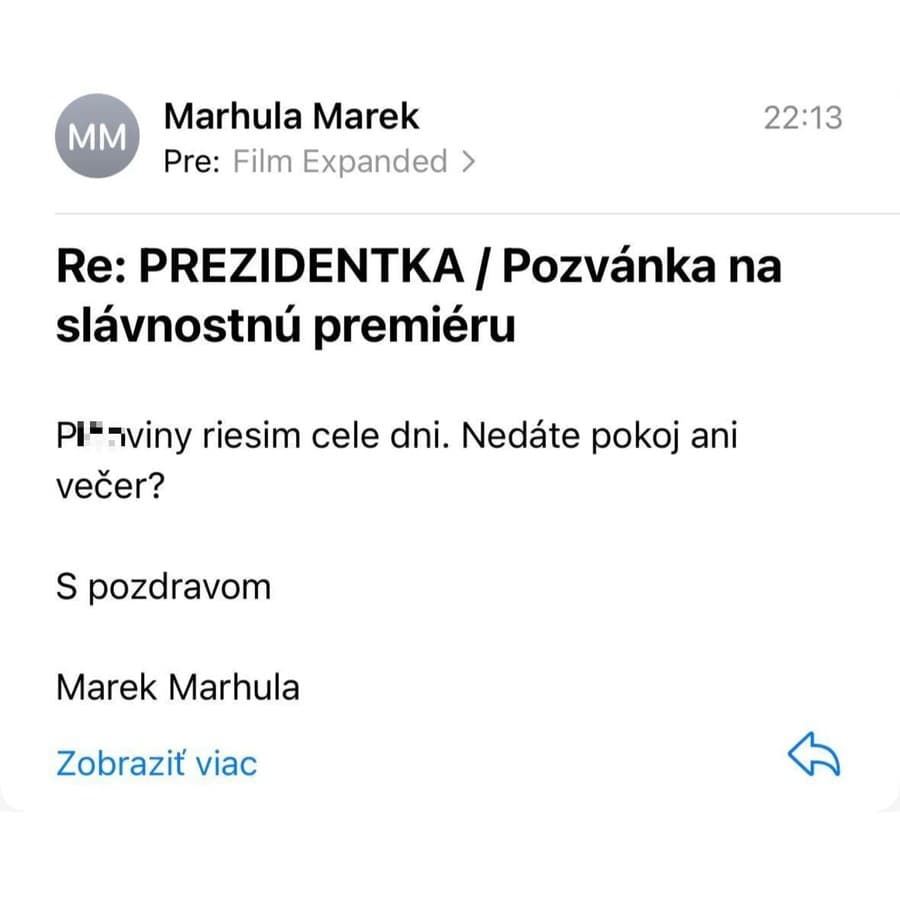 Vulgárny mail tvorcom filmu prezidentka poslal riaditeľ Odboru zvláštnych činností STVR Marek Marhula.