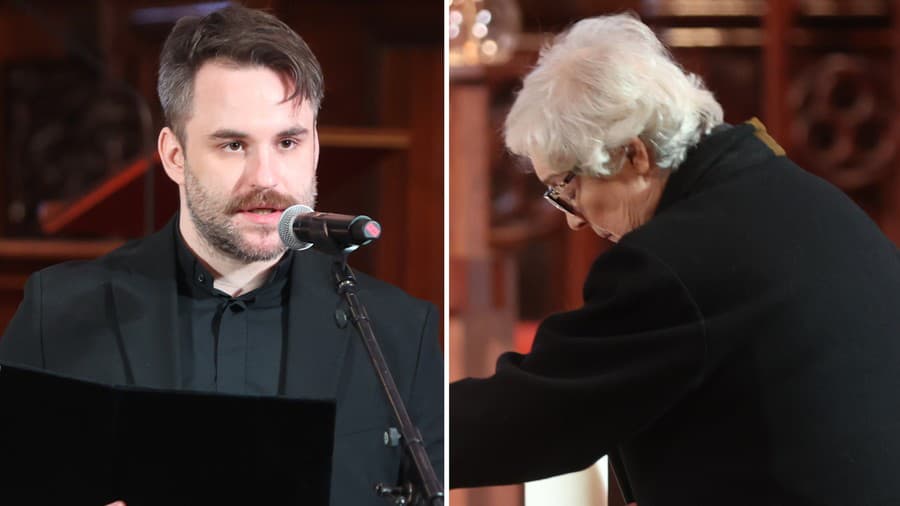 Vnuk Matúš Kvietik a Božidara Turzonovová na poslednej rozlúčke so Štefanom Kvietikom († 90).