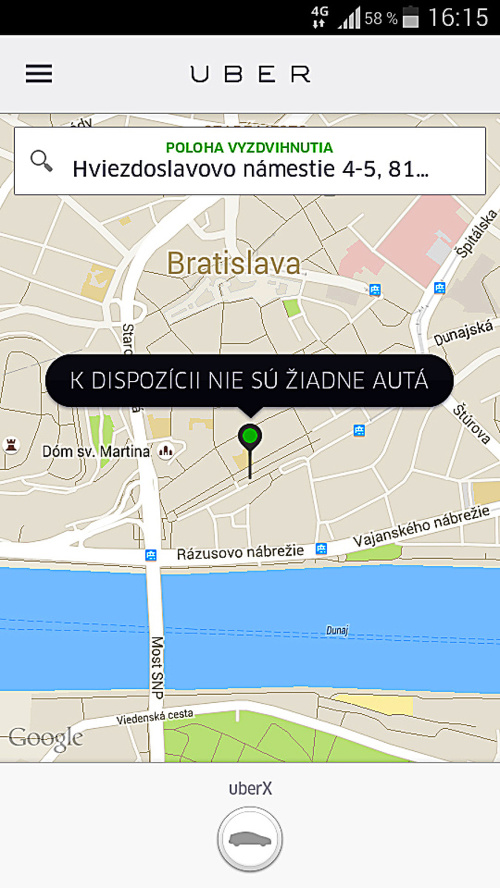 16.00: Cez aplikáciu Uber sme zadali požiadavku na odvoz a čakáme. Zatiaľ nie je k dispozícii žiadne auto.
