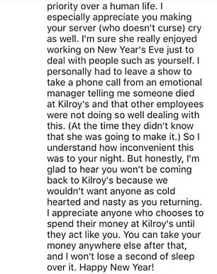 Manažér reštaurácie Chris reagoval na ženinu kritiku.