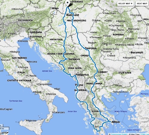 Trasa, po ktorej sa Matej Páleník dostal do Grécka a po 8 dňoch v krajine nakoniec aj do rodných Veľkých Vozokán.