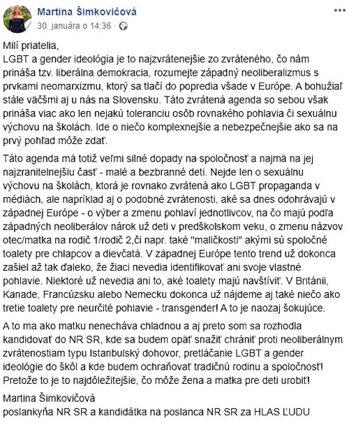 Šimkovičová sa na sociálnej sieti pustila do LGBT komunity.