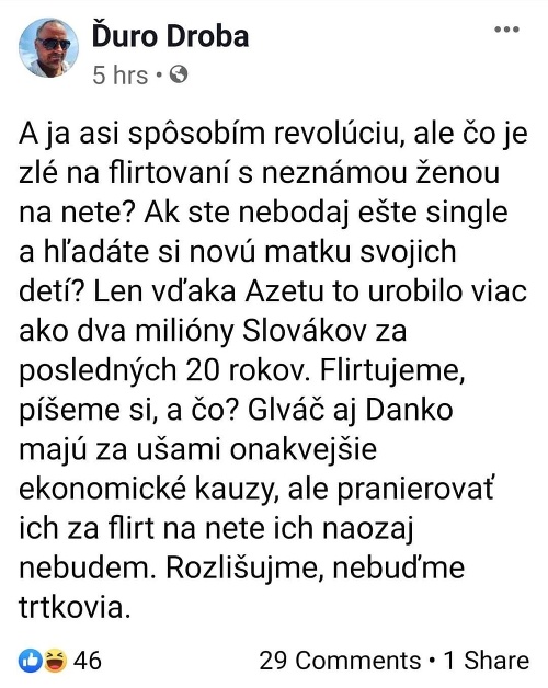Juraj Droba sa na Facebooku zastal Andreja Danka.