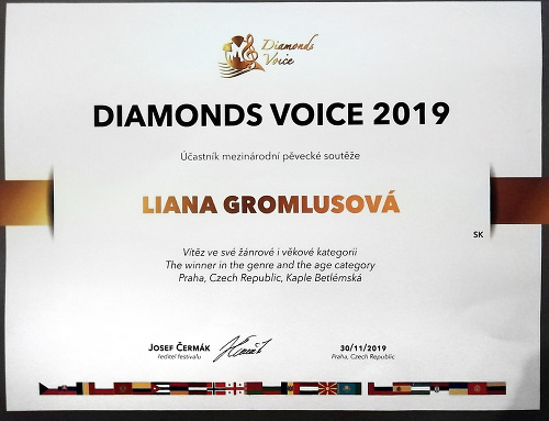 Tento diplom získala na súťaži Diamonds voice.