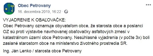 Stanovisko obce Petrovany.