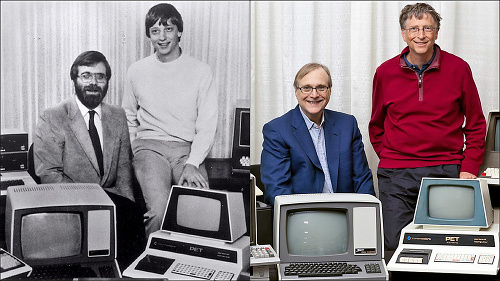 PO 32 ROKOCH: Naľavo Allen a Gates na začiatku svojej kariéry(1981), napravo tá istá dvojica po 32 rokoch (2013). 