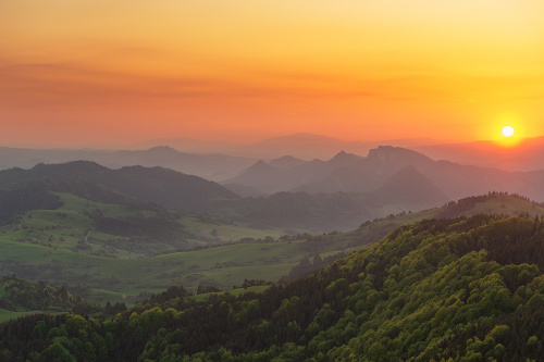 A beautiful sunset made from the summit called Wysoka located in the Pieniny Mountains in Poland