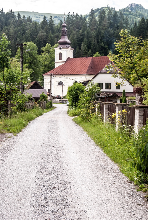 church in Stare Hory village in Slovakia with Velka Fatra mountains on the background