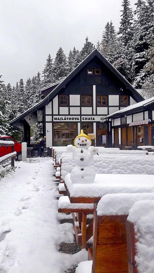Popradské pleso: Snehuliačik vítal turistov na Majláthovej chate.