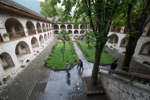 Sheki, Azerbaijan, circa august 2018: View of the Caravanserai in Sheki a historical monument, which is now rebuilt to be a touristic hotel
