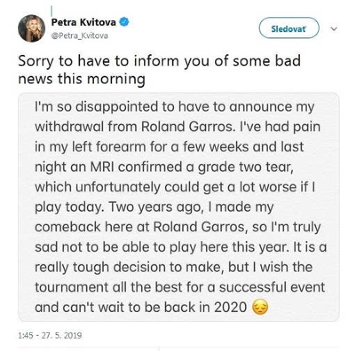 Peťa o neúčasti na Roland Garros informovala na sociálnej sieti.