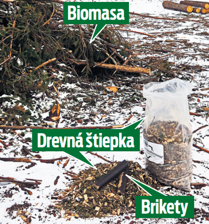 Biomasa sa rozdrví na štiepku, tá sa ešte viac zomelie, vysuší a zlisuje na brikety.